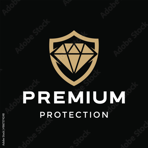 Golden shield with diamond premium for security protection or elegant quality luxury logo design