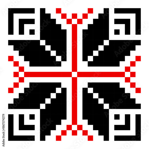 Traditional geometrical ornament isolated on white. Vyshyvanka icon. Cross stitch. Embroidery in black and red colors. Vector element for design. Folk pattern. Festive ornament