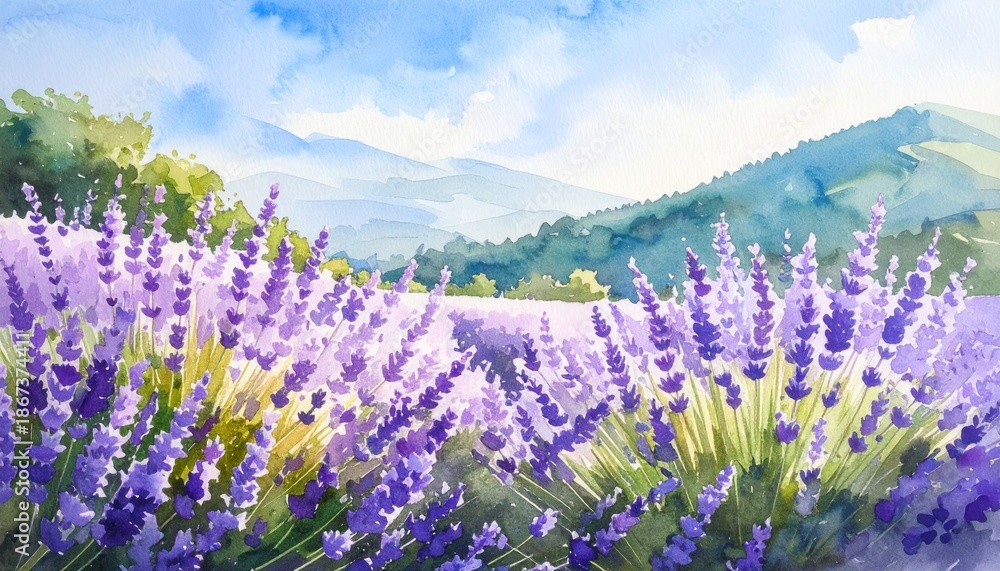 Fototapeta premium Watercolor Lavender Field Landscape with Mountains and Blue Sky.