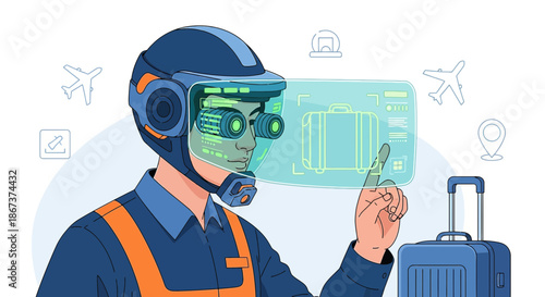 Futuristic airport worker utilizing augmented reality for baggage handling and travel logistics