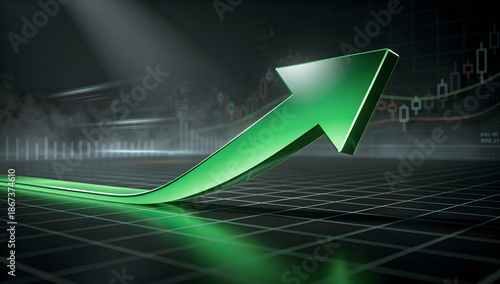 Futuristic 3D visualization of a glowing green upward arrow with motion blur, symbolizing bull market growth and financial success in a dark digital environment. AI Generated.