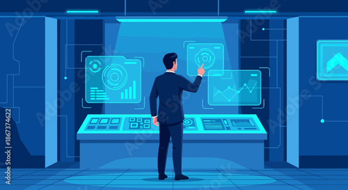 Futuristic business analysis control room concept showcasing technological advancement with a