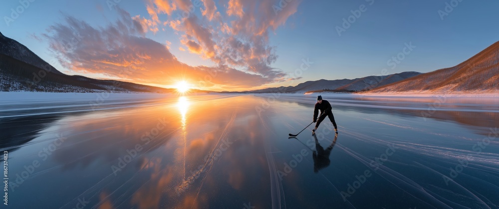 Naklejka premium Hockey player skating on frozen lake at sunrise. Concept of winter sports training, outdoor fitness, endurance practice, ice hockey lifestyle, extreme cold conditions, wide copy space.