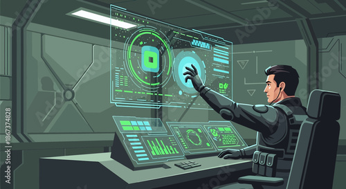 Futuristic control center operator interacts with advanced holographic interface system
