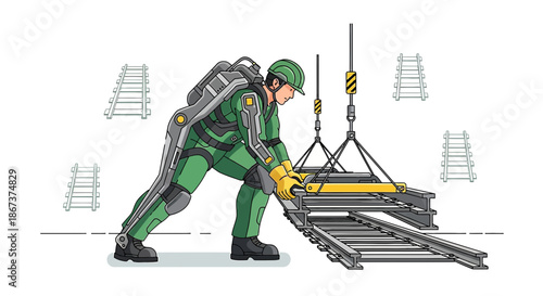 Futuristic construction worker using exoskeleton suit to handle heavy railway tracks with ease