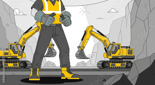 Futuristic construction worker remotely operating excavators with advanced technology and modern