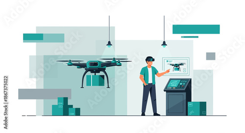Futuristic drone logistics demonstration with virtual reality training and automation technology