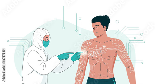 Futuristic medical exam with nanotechnology and circuit integration for human enhancement and
