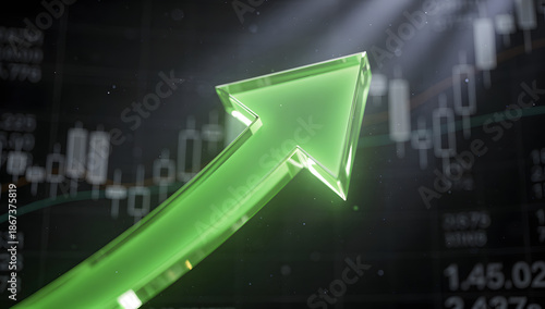 Futuristic 3D visualization of a glowing green upward arrow with motion blur, symbolizing bull market growth and financial success in a dark digital environment. AI Generated.