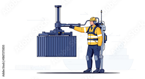 Futuristic port operations concept: Enhanced worker with exoskeleton controlling container crane