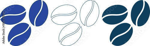 Collection of blue and white coffee beans in various styles and colors