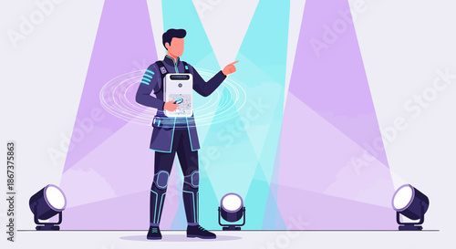 Futuristic presentation of data with holographic projection and modern stage illumination for