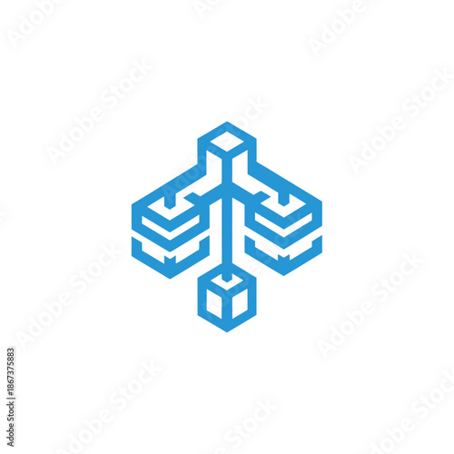Geometric shapes forming a symmetrical logo design on a plain white background