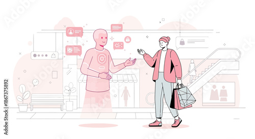 Futuristic retail shopping experience with holographic assistant guiding the customer at the mall