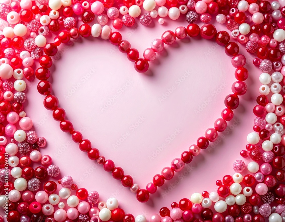 Obraz premium Heart Shape Beads Arrangement on Pink Background for Valentines Day