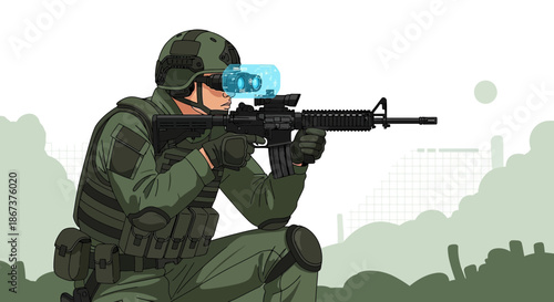 Futuristic soldier aiming rifle with advanced vision technology in a warzone environment
