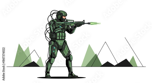 Futuristic soldier armed and prepared for combat in a minimalist mountain landscape setting