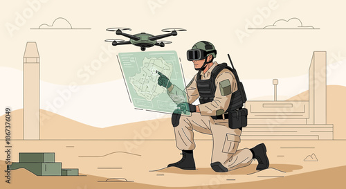 Futuristic soldier employing augmented reality and drone for strategic battlefield assessment