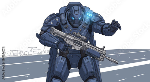 Futuristic soldier in armored suit standing on an urban battlefield with weapon ready