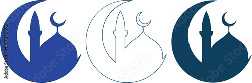 Islamic mosque silhouettes with crescent moon icons in different colors and line styles for religious or cultural designs