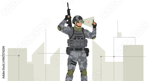 Futuristic soldier with advanced targeting system in urban setting illustration