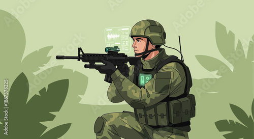 Futuristic soldier with augmented reality interface aiming rifle in lush jungle foliage