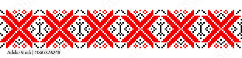 Traditional geometrical ornament isolated on white. Ukrainian Vyshyvanka. Cross stitch. Embroidery in black and red colors . Seamless pattern in vector. Element for design