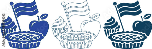 Set of blue and white illustrations of desserts with flags  pie cupcake apple