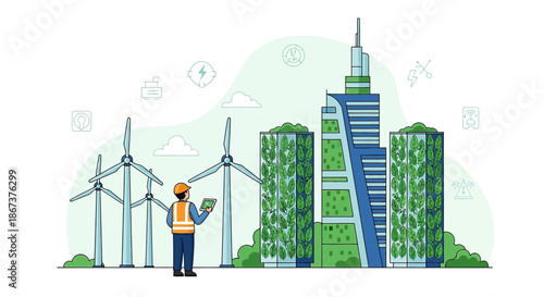 Futuristic Sustainable Cityscape with Wind Turbines and Vertical Gardens for Renewable Energy
