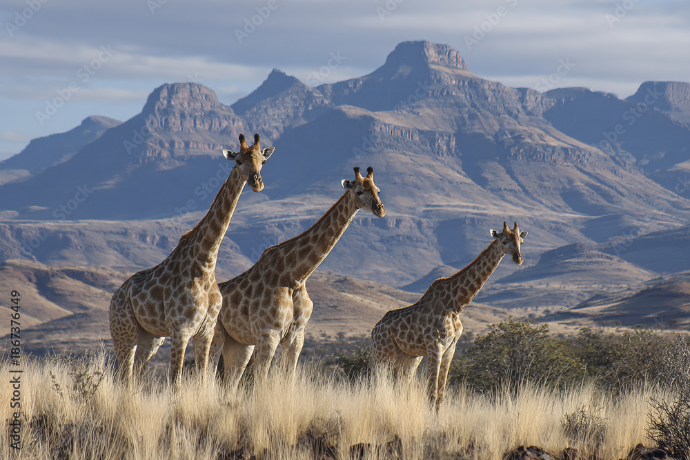 Fototapeta premium African giraffe savanna mountain wildlife nature grassland three giraffes wild animal dry grass scenic landscape tall animal mammal outdoor natural habitat sunny day animal group herbivore