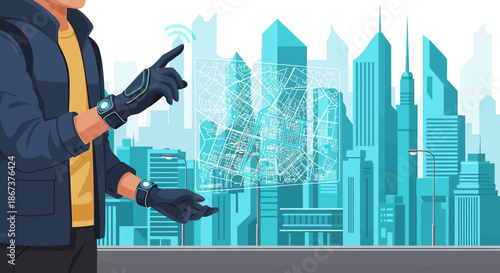 Futuristic urban planning with digital map interface and advanced technology integration into city