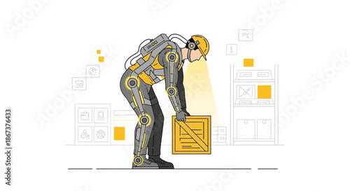 Futuristic warehouse worker using an exoskeleton to lift a heavy crate with ease, illustrating