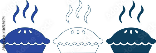 set of three pie icons in different colors with steam rising