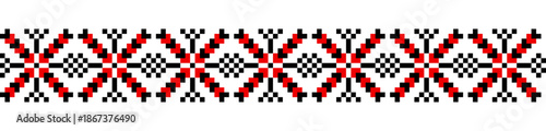 Traditional geometrical ornament isolated on white. Ukrainian Vyshyvanka. Cross stitch. Embroidery in black and red colors . Seamless pattern in vector. Element for design