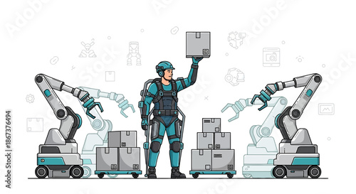 Futuristic worker handling packages with exosuit and robotic arms for enhanced productivity