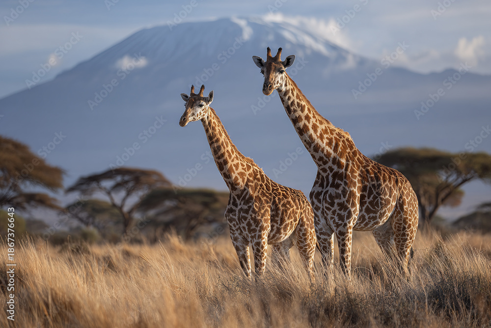 Fototapeta premium Two giraffes stand in dry grassland with acacia trees and large mountain in background, showcasing wildlife beauty and natural African savanna scenery