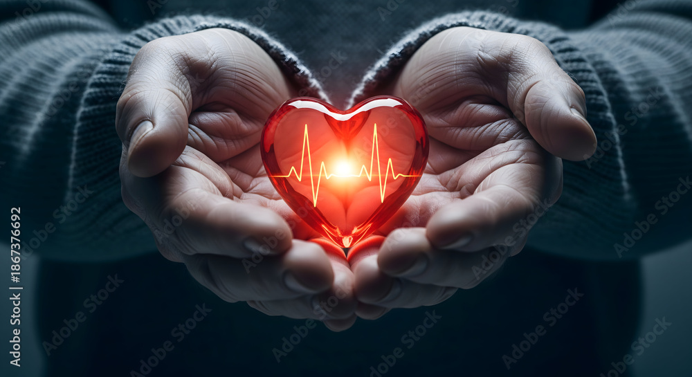 Obraz premium Hands holding red glass heart with heartbeat line symbolizing cardiology health and medical insurance