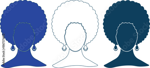 three afro hairstyle women in different colors isolated on white background