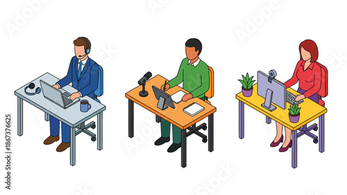 Isometric Office Workers at Desks with Computers and Plants