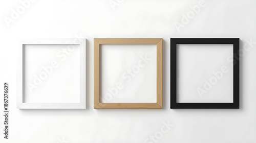 Minimalist image showing three empty square picture frames (white, natural wooden, and black) aligned horizontally on a white background, showcasing a modern and simple design.
