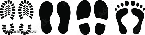 Diverse Collection of Footprint and Shoe Sole Silhouettes, Various Footwear Tread Patterns and Barefoot Prints, Vector Set of Athletic, Casual, and Barefoot Impression Icons, vector, illustration.