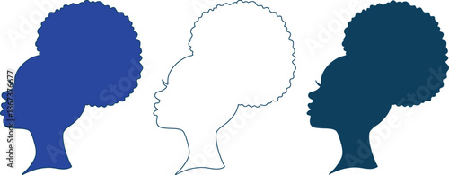 Three blue and white silhouettes of women with afro hairstyles in profile  vector illustrations