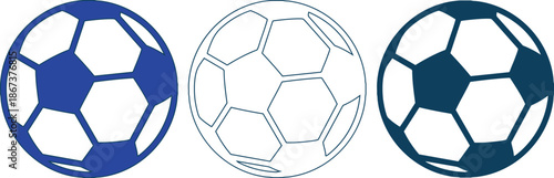 Three blue soccer balls in different styles on white background
