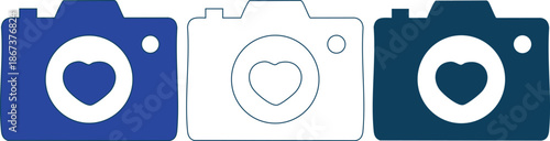 three camera icons with heart shaped lenses in blue white and dark blue colors for photography and love concepts