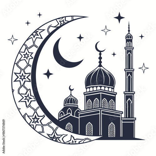 Illustrated mosque with crescent moon and stars