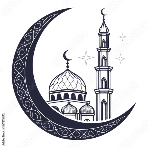 Illustrative mosque with crescent moon