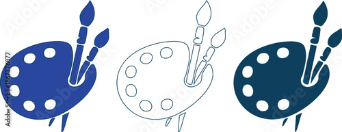 Three different color variations of paint palette with brushes icon set for art and design