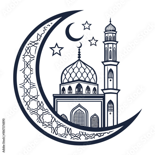 Illustrative mosque within a crescent moon