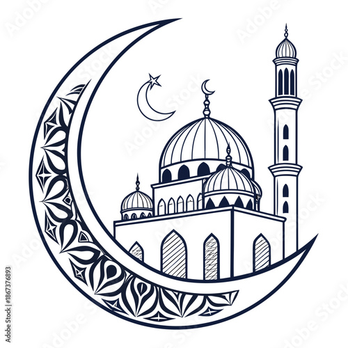 Illustrated mosque within a crescent moon