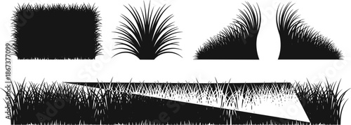 Black Grass Silhouette Vector Set with Bushes, Tufts and Decorative Borders Isolated on White Background